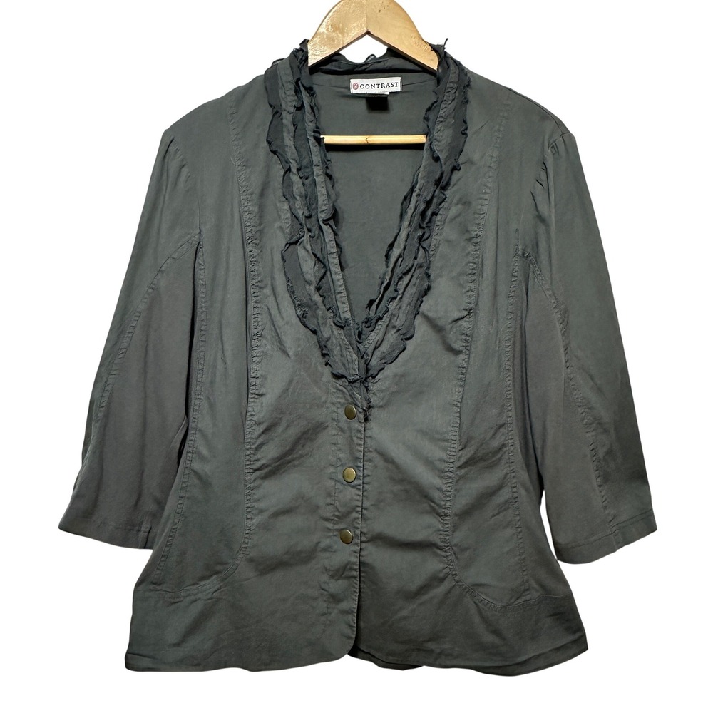 XCVI Contrast Ruffle Neck Front Jacket Womens 1X Plus‎ Gray Casual Lightweight